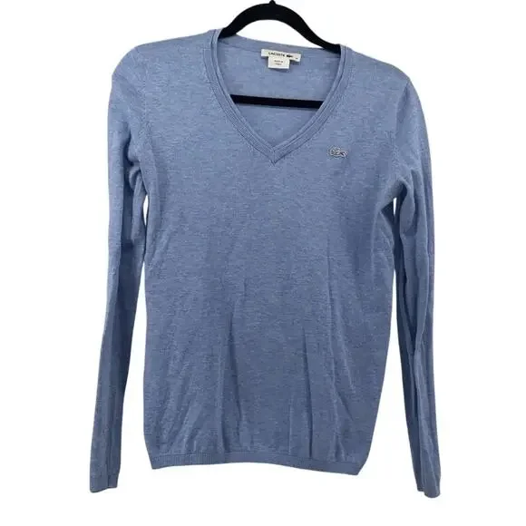 Lacoste Vneck Sweater Blue Crocodile Logo Long Sleeve 36 100% Cotton - Picture 1 of 8